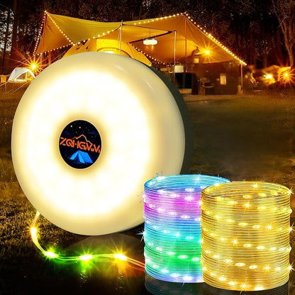 Camping String Lights, 32.8ft Rechargeable Retractable String Lights, Waterproof Indoor/Outdoor use, 8 Modes, 4-in-1 Quick Storage Portable Lamp, Suitable for Camping, RVs, Parties, Christmas