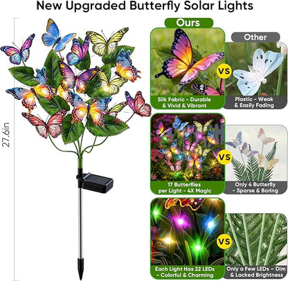 Solar Lights Outdoor Garden Decor: 2 Pack 34 Silk Butterflies with 44 Color-Changing LEDs - Auto On/Off 12H Magical Lighting IP65 Waterproof for Yard Patio Pathway - Unique Gifts for Mom Grandma
