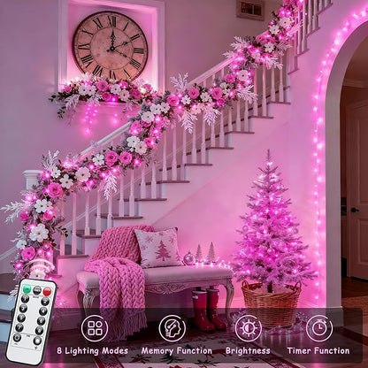 JMEXSUSS 33ft 100 LED Pink Battery Operated Lights with 8 Modes Remote, Pink String Lights Indoor Outdoor, Christmas String Light for Bedroom House Tree Party Porch Decor