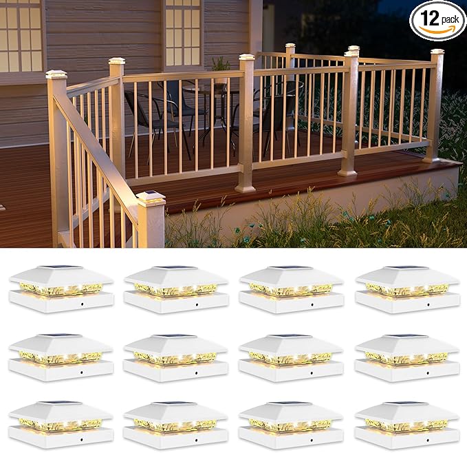 12-Pack Solar Post Cap Lights, Warm White Waterproof