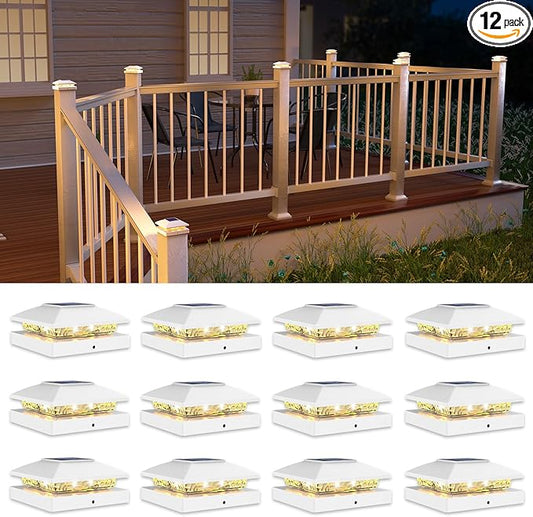 VOLISUN 4x4 Solar Post Cap Light 12pack,Solar Fence - Post Lights Outdoor Waterproof for Wooden/Vinyl Post,White Deck Post Cap Light Solar Powered with Warm White for Garden/Patio/Porch