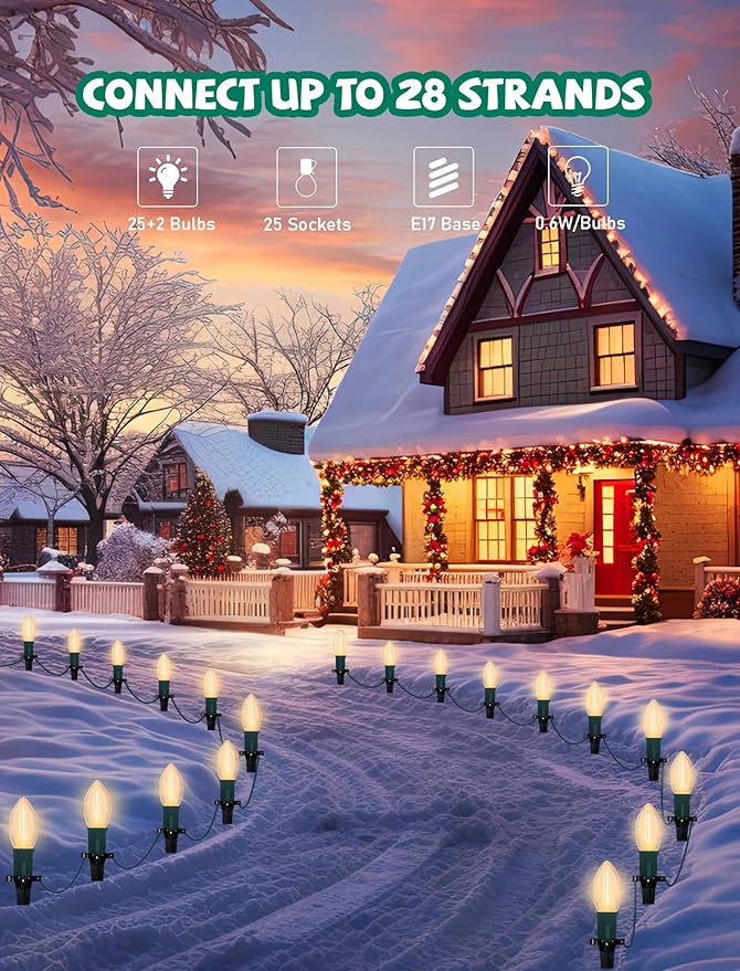C9 Christmas Pathway Lights Outdoor 38Ft Connectable C9 LED Christmas String Lights with 25 LED Warm White Stakes Lights for Walkway Outdoor Yard Driveway Lawn Decorations