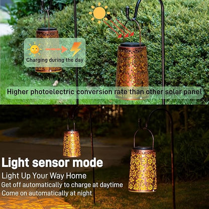 4 Pack Solar Hanging Lanterns Outdoor, 2 Modes Adjustable White & Warm Light, Auto On/Off Metal Waterproof Solar Lights for Patio Garden Wall & Tabletop Decor