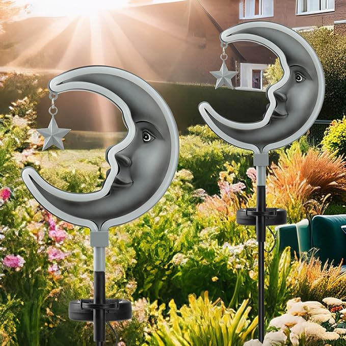 2pack Solar Moon Stars Lights Outdoor,Moom Solar Garden Lights Decor, Garden Outdoor Decorative,Solar Powered neon Lights for Pathway,Housewarming Ornament for Yard,Lawn,Patio(Silver)