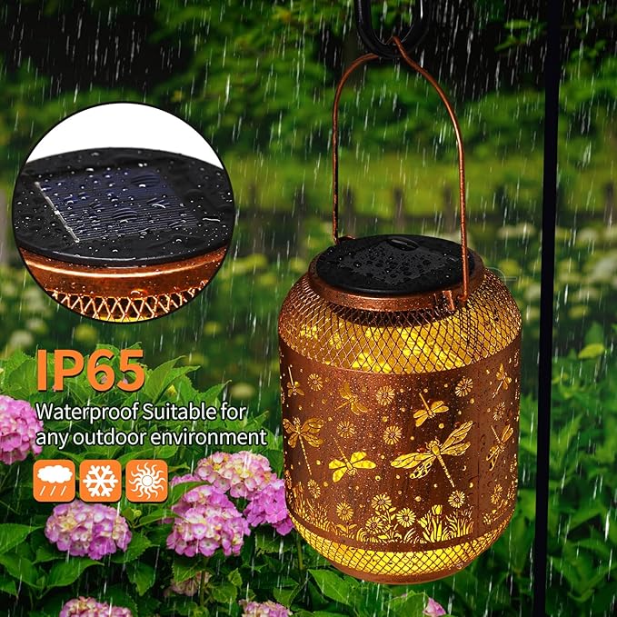 2 Pack Dragonfly Solar Lanterns Outdoor Waterproof Garden Decor Gifts for Mom Women Grandma Metal Hanging Solar Lights Outdoor Decoration for Patio,Yard,Porch,Backyard