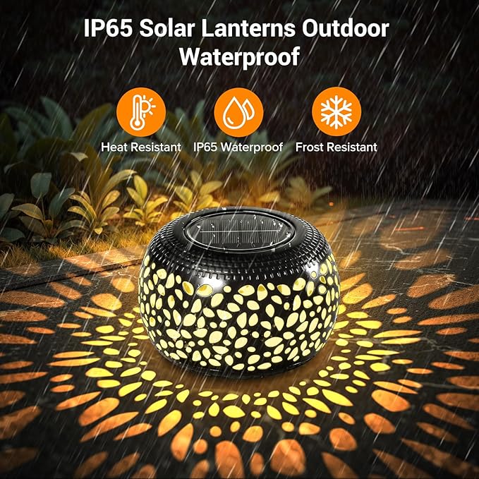 2 Pack Solar Lanterns Outdoor Waterproof Lights, Black Hollow Out Metal Table Light, Unique Gardening Gifts for Women Mom, Outside Garden Yard Balcony Indoor Tabletop Decorations, 2 Modes