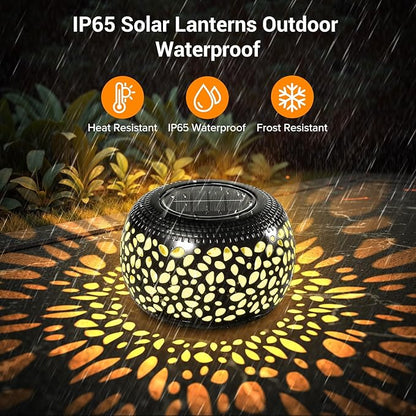 2 Pack Solar Lanterns Outdoor Waterproof Lights, Black Hollow Out Metal Table Light, Unique Gardening Gifts for Women Mom, Outside Garden Yard Balcony Indoor Tabletop Decorations, 2 Modes