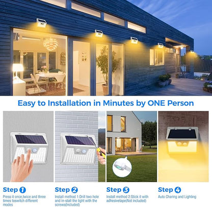 Peasur Solar Outdoor Lights [5 Pack/140LED], 3000K Warm Light Solar Motion Sensor Outdoor Powered Security Lights 3 Working Modes Waterproof for Outside Garden Yard, White Frame