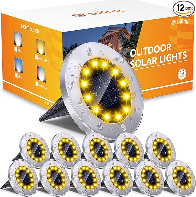 12-Pack Warm White In-Ground Solar Lights, Flat LED Garden