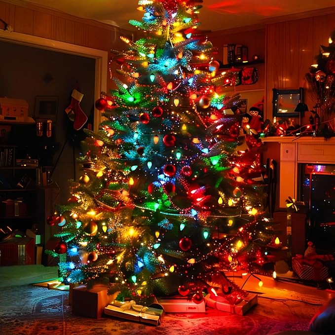 C7 Vintage Christmas String Lights, 27.5FT Outdoor Christmas Tree String Lights with 50 Multicolor LED Bulbs, Christmas Party Decorations with 8 Fairy Lighting Patterns - Green Wire