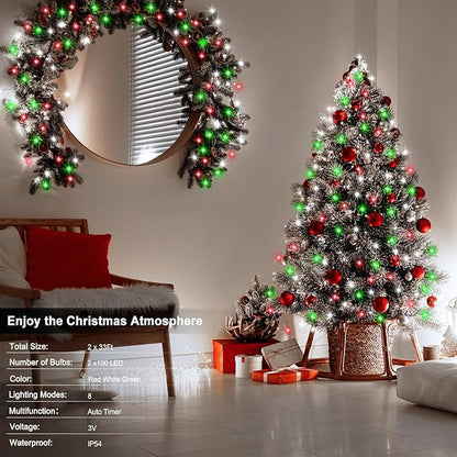 echosari 2 Pack Red White and Green Christmas Fairy Lights Battery Operated, 200 LED 66Ft Silver Wire Starry String Lights Auto Timer 8 Modes Waterproof Mini Lights for Wreath DIY Fence Decor
