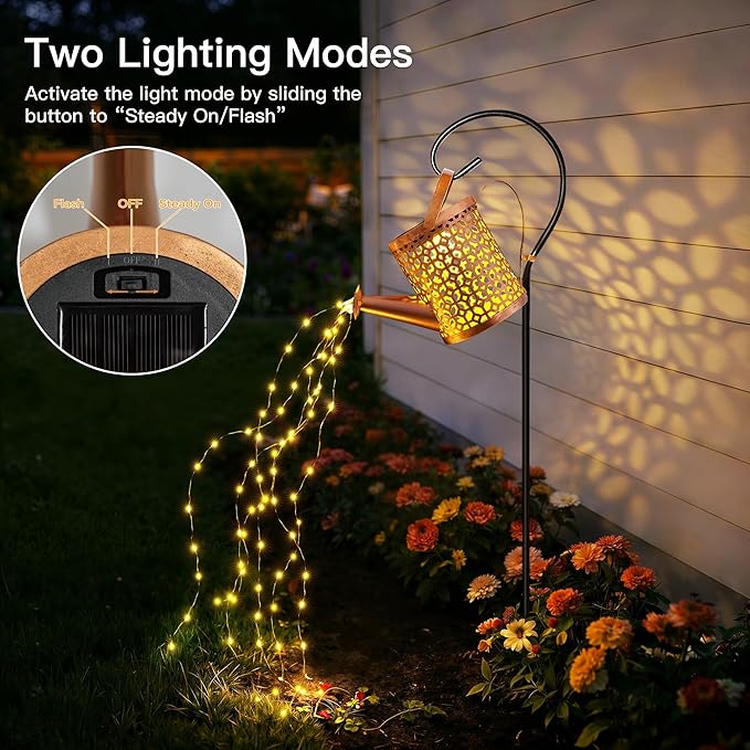 Ollny Solar Watering Can with Cascading Lights Outdoor Garden Decor, Birthday Gifts for Mom Grandma Women, IP65 Waterproof 2 Lighting Modes Hanging Lanterns for Yard Patio Lawn (Beehive)
