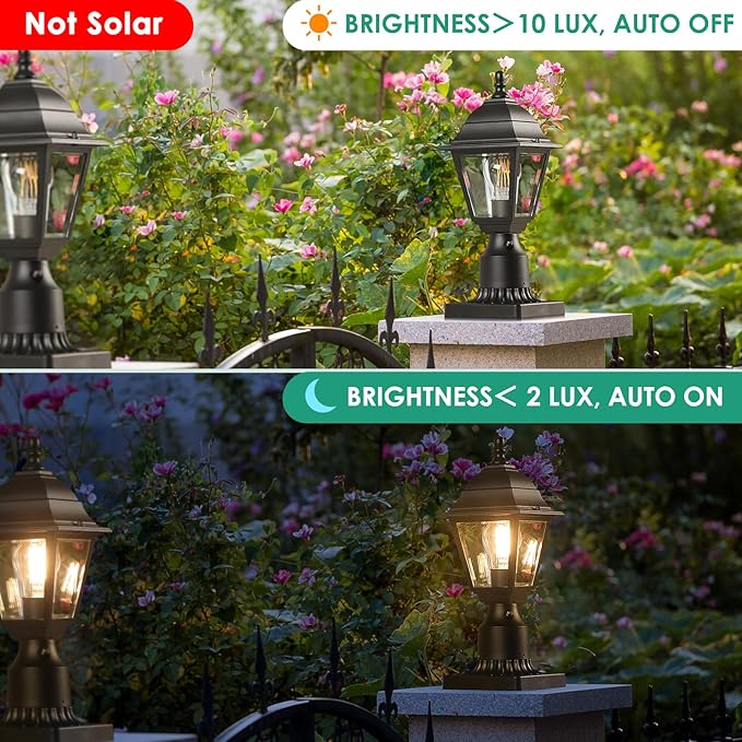 FOLKSMATE Dusk to Dawn Outdoor Post Lights, 2-Pack Waterproof Outside Post Lamps with Pier Mount, Exterior Pole Lantern with Clear Glass, Matte Black Light Fixture for Patio, Garden, Walkway