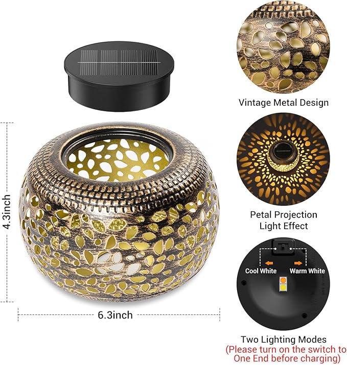 2 Pack Bronze Solar Lanterns Outdoor Waterproof Lights: Hollow Out Metal Table Light, Unique Gardening Gifts for Women Mom, Outside Garden Yard Balcony Indoor Tabletop Decorations, 2 Lighting Modes
