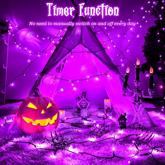 Purple Lights Halloween Lights String Total 100LED Battery Operated Outdoor 8 Modes with Timer 16.4Ft*2, 50LED*2 Waterproof Indoor for Halloween Decor, Purple, 2-Pack