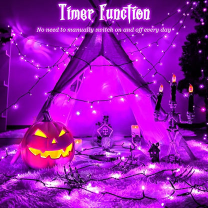 Purple Lights Halloween Lights String Total 100LED Battery Operated Outdoor 8 Modes with Timer 16.4Ft*2, 50LED*2 Waterproof Indoor for Halloween Decor, Purple, 2-Pack