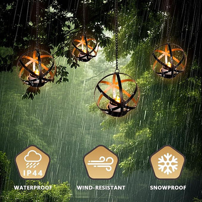 Solar Lanterns Outdoor Waterproof, 4 Pack Hanging Tea Lights with Candle Holder, Small Solar Chandelier for Trees, Patio, Backyard, Garden, Porch, Balcony Decorative (Armillary)