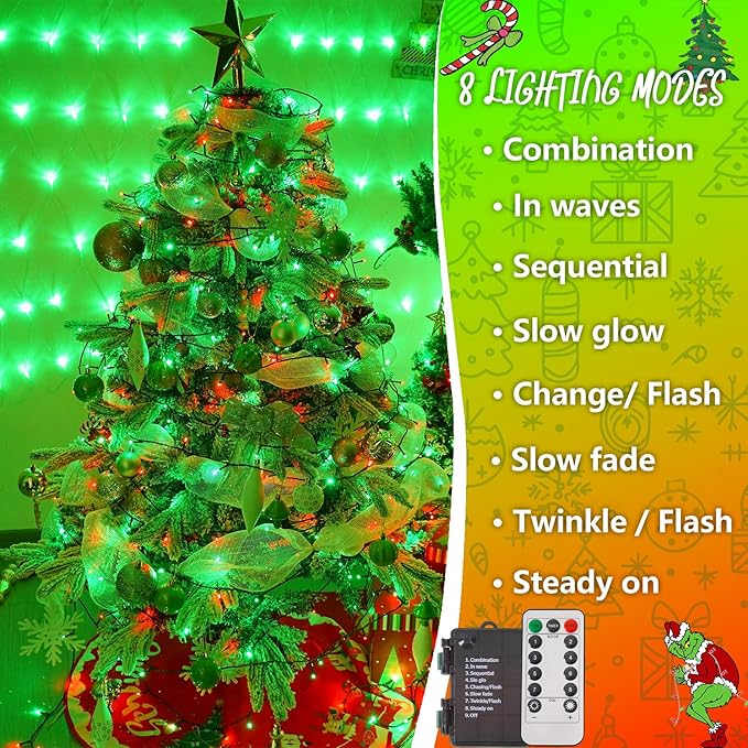YEGUO Christmas Lights Battery Operated, 2 Pack Each 33ft 100 LED Red and Green String Lights Outdoor Waterproof, 8 Modes Green Wire Fairy Light Indoor with Remote