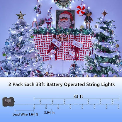 YEGUO Christmas Lights Battery Operated, 2 Pack Each 33ft 100 LED White String Lights Outdoor Waterproof, 8 Modes Green Wire Fairy Light Indoor with Remote
