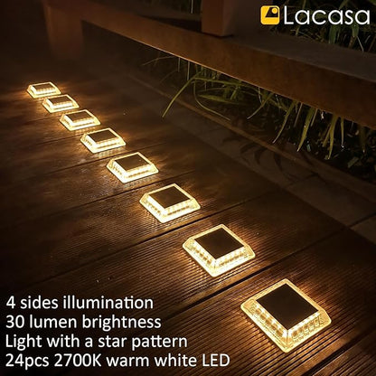 Lacasa Solar Deck Lights, 8 Pack 30LM LED Dock Lights Warm White 2700K, Outdoor Solar Powered Step Lights Light up All Night IP68 Waterproof Auto ON/Off for Garden Stairs Driveway Pathway Lighting