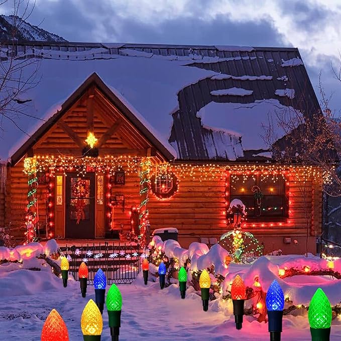 Solar Christmas Pathway Lights, 20 LED C9 String Lights with 20 Stakes, 23FT Solar Powered Multicolored Decorations for Roof, Yard, Patio, Walkway, Driveway