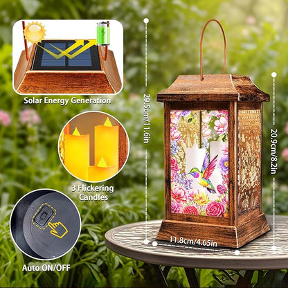 Hummingbird Solar Lanterns Outdoor Waterproof, Metal & Glass Hanging Lights Garden Decor, Birthday Gifts for Christmas Women Mom Mothers Day, Decorative Lights for Outside Yard Patio Backyard Porch