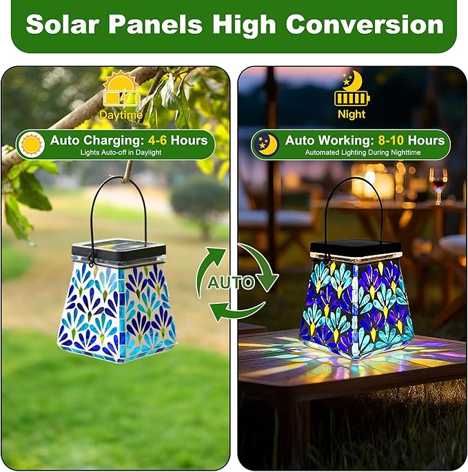 VOREEN Mosaic Solar Lantern, Colorful Mosaic Glass Decorative Lantern for Outdoor Garden & Patio, Tabletop or Hanging Solar Powered Light, Blue Petal Mosaic Design