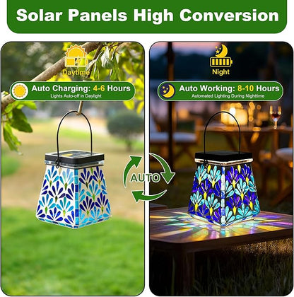 VOREEN Mosaic Solar Lantern, Colorful Mosaic Glass Decorative Lantern for Outdoor Garden & Patio, Tabletop or Hanging Solar Powered Light, Blue Petal Mosaic Design