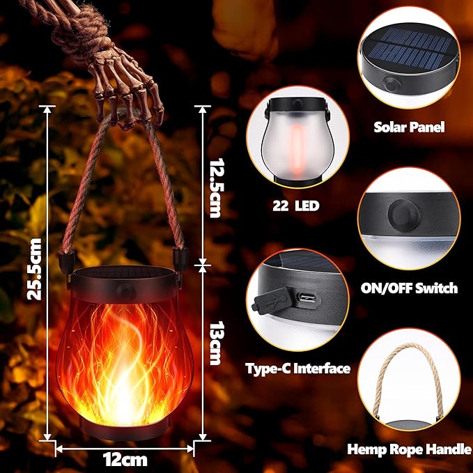 Solar Flame Lantern Hanging Outdoor Waterproof - 2 Pack Flame Lanterns with Dual Charging Modes of Solar & USB for Garden or Yard Decorations (Red - 2 Pack)