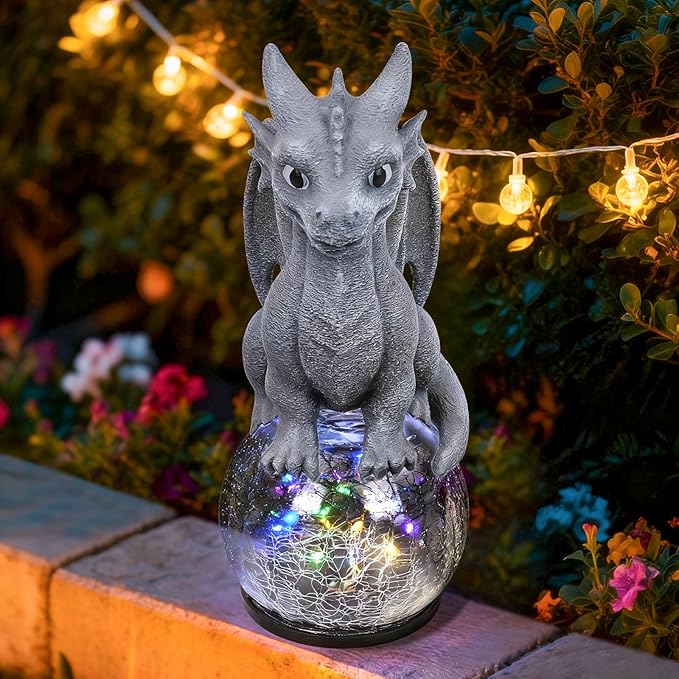 Dragon Garden Statue with Solar Crackle Glass Ball - Gothic Outdoor Decor for Patio & Yard - Mystical Dragon Guardian Figurine, Fantasy Gift for Men & Dragon Lovers