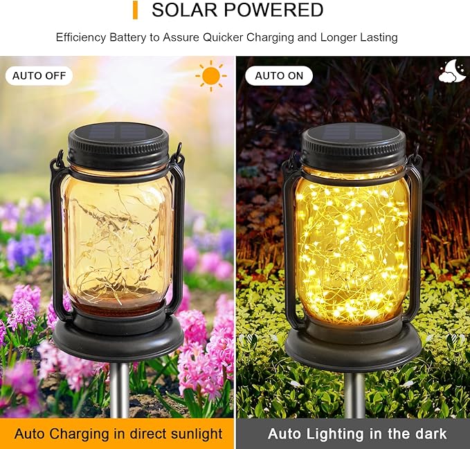 4 Pack Hanging Solar Lantern Lights,Vintage Glass Mason Jar Solar Fairy Lights, Birthday Mothers Day Gifts for Woman Mom Grandmom,Outdoor Decorative Waterproof Table Lamp for Yard Lawn Tree