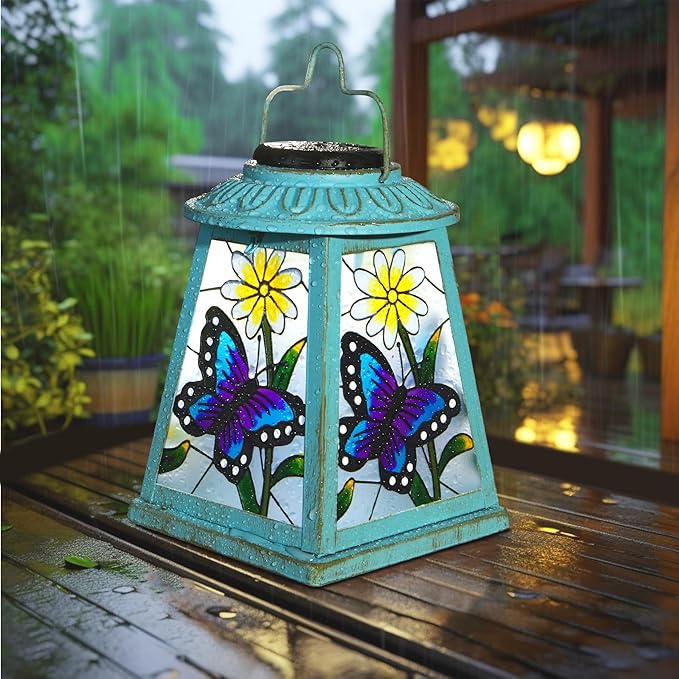 Butterfly Solar Lantern with Shepherd Hook, Outdoor Hanging Metal LED Garden Light Waterproof for Patio Yard Pathway, Butterfly Lantern Decor and Christmas Holiday Gift for Mom Grandma Women