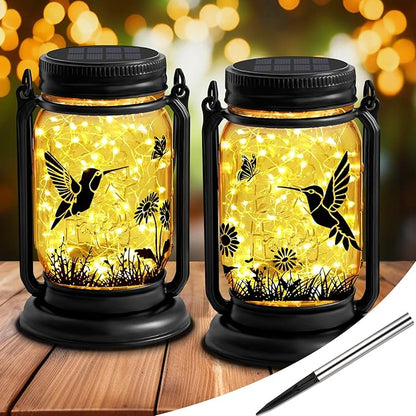 Hummingbird Solar Lanterns 3-in-1 Outdoor Waterproof - Birthday Gifts for Women Mom Christmas, Mason Jar Hanging Lanterns with Stake, Garden Decor Lights for Patio Yard Balcony Decorations, 2 Pack
