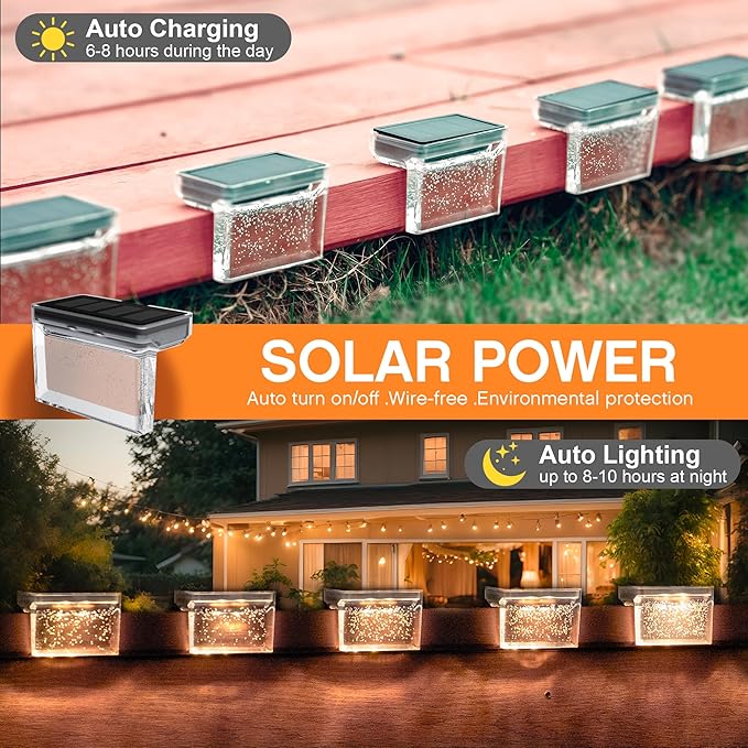 TIJNN Solar Deck Lights Outdoor Waterproof (6 Pack) – LED Solar Fence Lighting for Steps, Stairs, Railing, Patio & Backyard – Wireless Auto Dusk to Dawn Warm White Decor