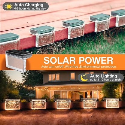 TIJNN Solar Deck Lights Outdoor Waterproof (6 Pack) – LED Solar Fence Lighting for Steps, Stairs, Railing, Patio & Backyard – Wireless Auto Dusk to Dawn Warm White Decor