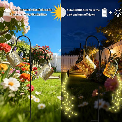 DDQ Solar Watering Can Lights, Warm White/Color LED with Shepherd Hook, IP65 Waterproof Metal Garden Decor, Auto On/Off for Patio Backyard for Mom Family Holidays Gift
