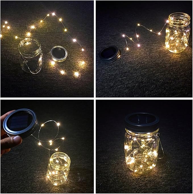 Solar Mason Jar Lights, 4 Pack 30 LEDs Waterproof Fairy Firefly String Lights Build-in Glass Mason Jar, Best Patio Garden Decor Solar Hanging Lanterns Outdoor Warm White (4 Pack-Mason Jars Included)