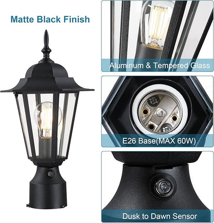GRUENLICH Dusk to Dawn Outdoor Post Lights, Modern Black Exterior Lamp Post Light Fixture, Anti-Rust Aluminum Pole Lantern for Garage Front Yard, 2 Pack