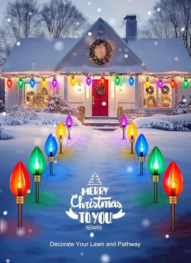 Moonflor Super Jumbo C9 Christmas Pathway Lights Outdoor - 2 Pack Total 22FT 10 LED C9 Walkway Light, Multicolor Christma Decoration Outside, Giant Christmas Lights Outdoor for Lawn Holiday Yard