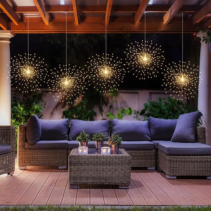 4 Pcs 800LED Solar Starburst Sphere Lights,Firework Light Remote Control Timer 8 Modes Dimmable Waterproof Hanging Fairy Lights, Sparkly Light for Patio Garden Tent Outdoor(Warm White)