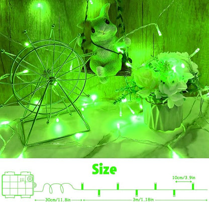 String Lights Outdoor Waterproof 9.8ft 30 LED, Green Battery Operated Halloween Lights with Timer Clear Wire for Indoor & Outdoor Christmas Halloween St.Patric Decorations Garland Party Garden