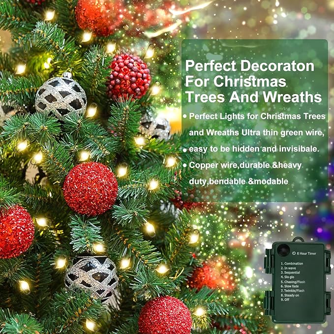Battery Operated Christmas Lights, 10FT 100 Micro LEDs Fairy Lights with 8 Modes and Timer, Green Copper Wire for Indoor Outdoor Christmas Tree Wreath Garland Garden Party,Warm White