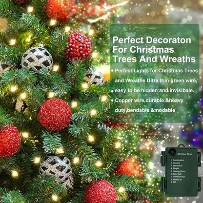 Battery Operated Christmas Lights, 10FT 100 Micro LEDs Fairy Lights with 8 Modes and Timer, Green Copper Wire for Indoor Outdoor Christmas Tree Wreath Garland Garden Party,Warm White