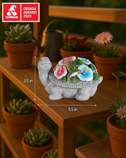 Solar Turtle Figurine Lights with Hummingbird Flower 5.5-inch – Garden Statue for Outdoor Yard Decorations, Lawn Ornaments, Balcony Decor – Ideal Gift for All Occasions (Turtle)