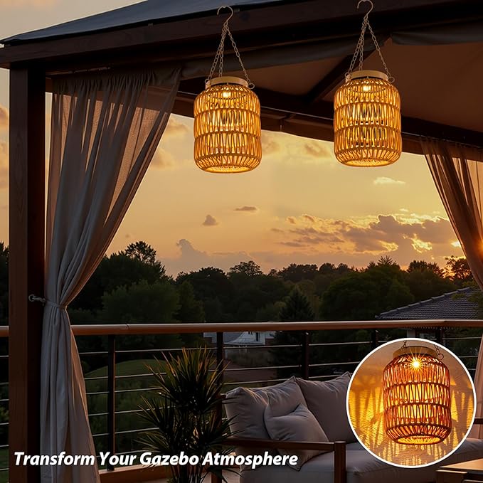 Solar Outdoor Lanterns Waterproof, Hanging Rattan Lantern Lights for Outside, Solar lamp Outdoor Chandelier Idea for Gazebo Pergola Porch Patio Pathway Decor (2)