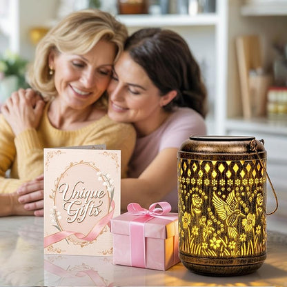 Hummingbird Gardening Gifts Outdoor Solar Lanterns, 2 Pack Garden Decor for Outside, Hanging Solar Lanterns Decorative Gifts for Women Birthday Unique Vintage Table Metal Lights for Yard, Balcony