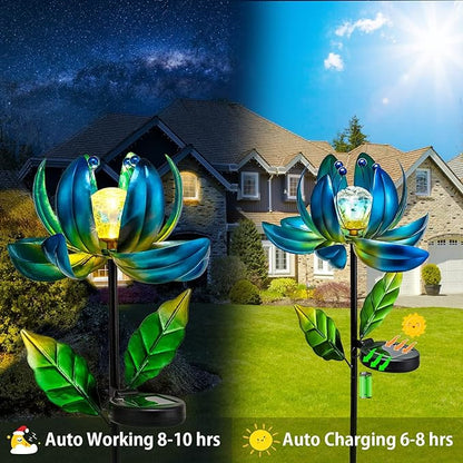 Solar Garden Lights Metal Flower Decor, Colorful Spinning Windmill Lotus Pathway Ligths with LED Cracked Crystal Ball Outdoor Decorative Stake Lighting Waterproof Flower Sculpture for Patio Yard