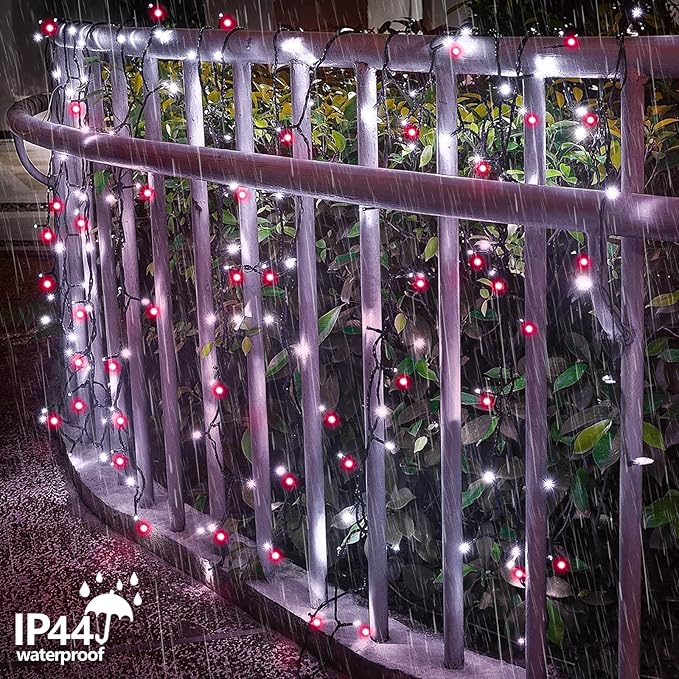 YEGUO Christmas Lights Battery Operated, 2 Pack Each 33ft 100 LED Red and White String Lights Outdoor Waterproof, 8 Modes Green Wire Fairy Light Indoor with Remote