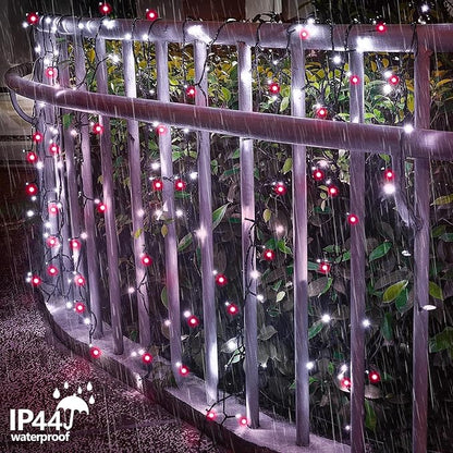 YEGUO Christmas Lights Battery Operated, 2 Pack Each 33ft 100 LED Red and White String Lights Outdoor Waterproof, 8 Modes Green Wire Fairy Light Indoor with Remote