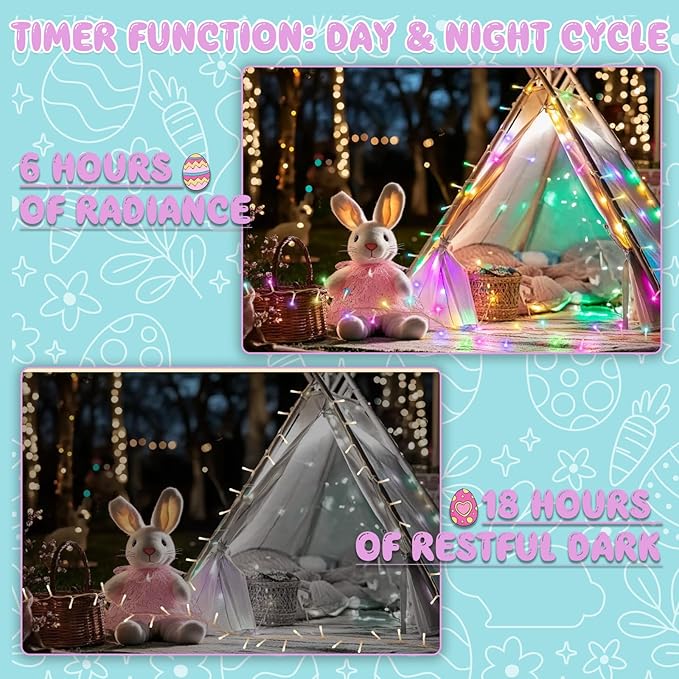 Easter String Lights Battery Operated, Pastel Easter Lights with Timer 9.8ft 30LED Transparent Wire Fairy Lights for Easter Decorations Garland Outdoor Indoor Party 2 Packs